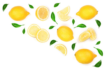 Lemon decorated with green leaves isolated on white background with copy space for your text. . Top view. Flat lay