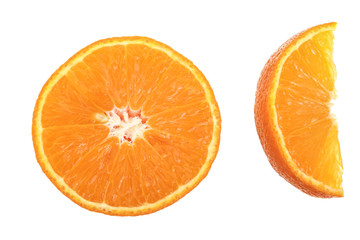 Two slices of tangerine isolated on white background. Top view. Flat lay
