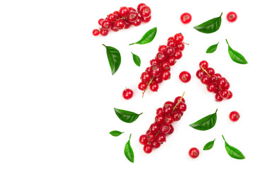Red currant berries with leaf isolated on white background with copy space for your text. Top view. Flat lay pattern