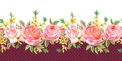 Seamless border of pink English roses and sprigs of forsythia, watercolor nabordovom background with polka dots