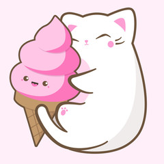 Kawaii illustration of a cute fat white cat enjoying a huge sweet strawberry ice cream cone over a pink background.