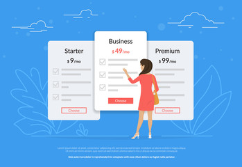 Choose your subscription or payment plan. Young woman standing near pricing panels and choosing the middle price. Flat vector illustration of people who have a choice of different types of payment