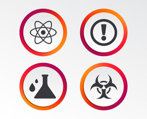 Attention and biohazard icons. Chemistry flask sign. Atom symbol. Infographic design buttons. Circle templates. Vector