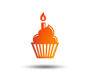 Birthday cake sign icon. Cupcake with burning candle symbol. Blurred gradient design element. Vivid graphic flat icon. Vector