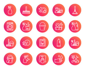 Cleaning line icons. Laundry, Sponge and Vacuum cleaner signs. Washing machine, Housekeeping service and Maid equipment symbols. Window cleaning and Wipe off. Trendy gradient circle buttons. Vector