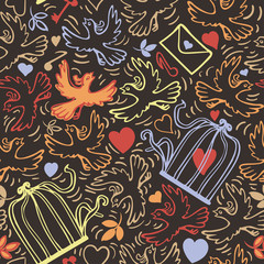 Naklejka premium Birds with heart and flowers. Hand-drawn seamless pattern