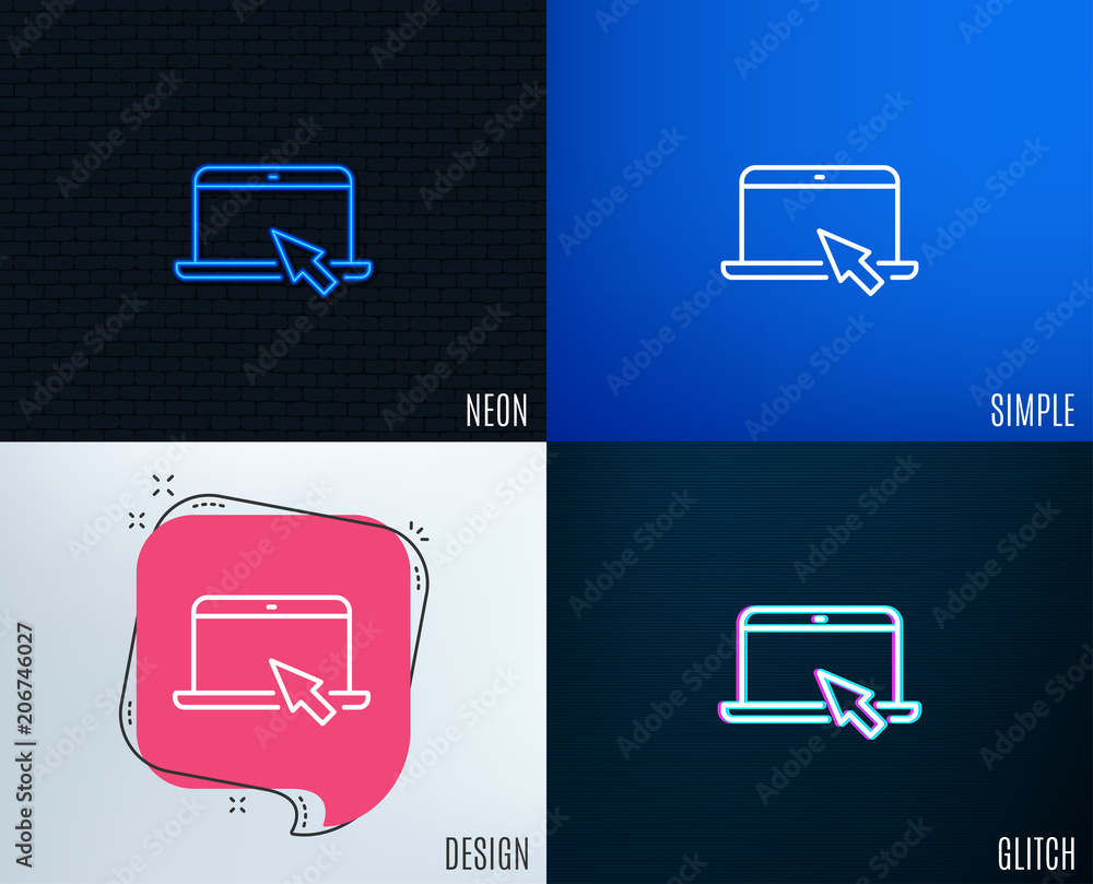 Poster glitch, neon effect. laptop computer icon. notebook with mouse cursor sign. portable personal comput