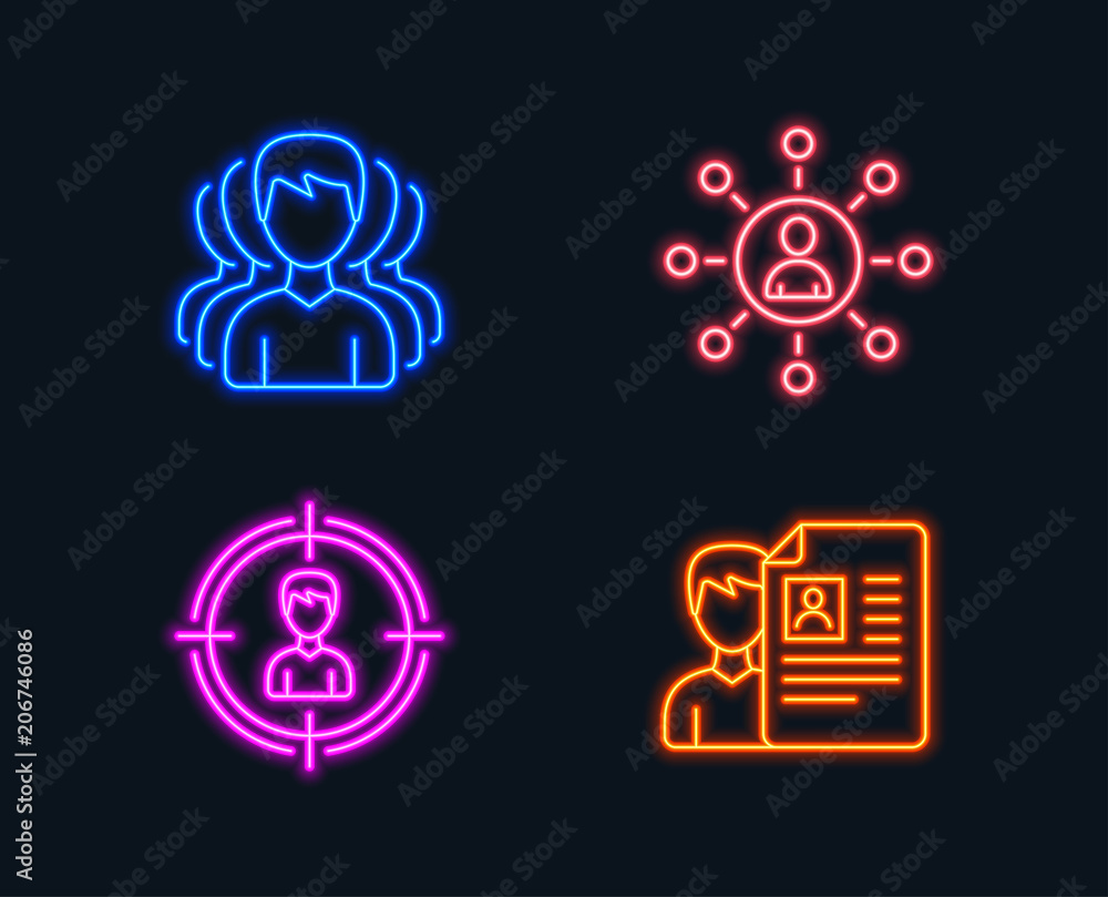 Poster neon lights. set of group, headhunting and networking icons. job interview sign. headhunting service