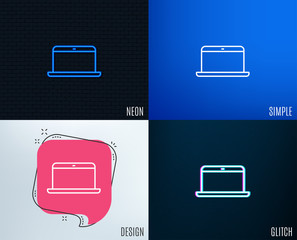 Glitch, Neon effect. Laptop computer icon. Notebook sign. Portable personal computer symbol. Trendy flat geometric designs. Vector