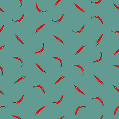 Beautiful seamless pattern with red chili pepper on green background. Hand drawn vector illustration. Perfect for wallpapers, web page backgrounds, surface textures, textile.