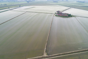 Paddies, flooded fields for rice cultivation in the Po Valley, Italy. Aerial view.