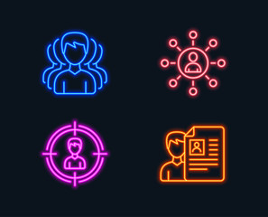 Fototapeta na wymiar Neon lights. Set of Group, Headhunting and Networking icons. Job interview sign. Headhunting service, Person in target, Business communication. Cv file. Glowing graphic designs. Vector