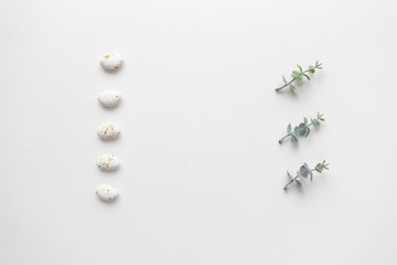 Oregano branches and wedding candys on white marble. Top view.