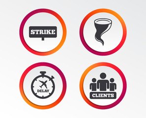 Strike icon. Storm bad weather and group of people signs. Delayed flight symbol. Infographic design buttons. Circle templates. Vector