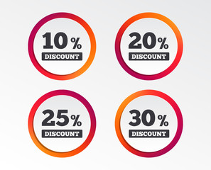 Sale discount icons. Special offer price signs. 10, 20, 25 and 30 percent off reduction symbols. Infographic design buttons. Circle templates. Vector