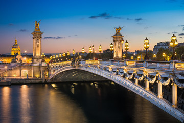 Alexandre III bridge at night in Paris, France