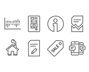 Set of Sale ticket, Edit document and Coffee vending icons. Corrupted file, Column diagram and Smartphone sms signs. Discount coupon, Page with pencil, Coffee vending machine. Vector
