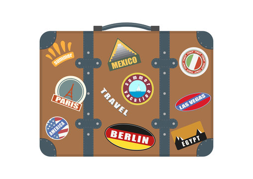 Vector suitcase for travel. Plastered with emblems.