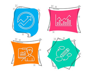 Set of Audit, Infochart and Presentation icons. Keywords sign. Arrow graph, Stock exchange, Education board. Marketing strategy.  Flat geometric colored tags. Vivid banners. Trendy graphic design