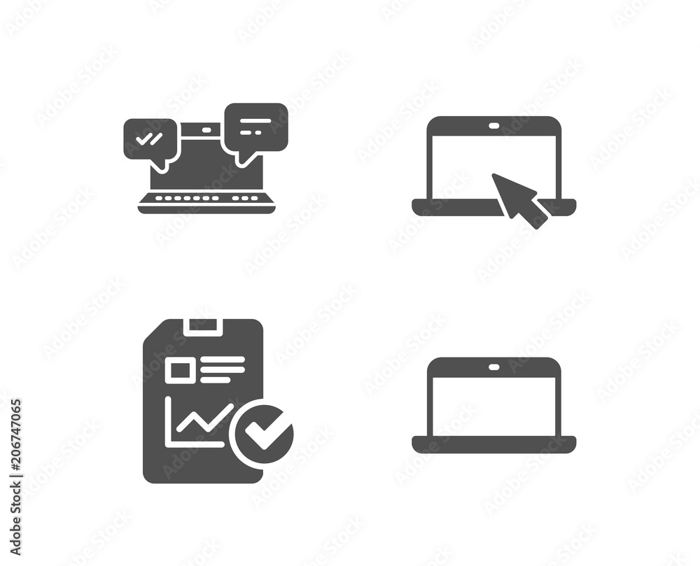 Poster set of internet chat, report checklist and portable computer icons. laptop sign. online communicatio
