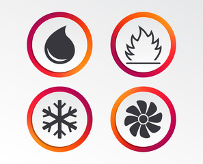 HVAC icons. Heating, ventilating and air conditioning symbols. Water supply. Climate control technology signs. Infographic design buttons. Circle templates. Vector