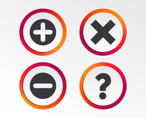 Obraz premium Plus and minus icons. Delete and question FAQ mark signs. Enlarge zoom symbol. Infographic design buttons. Circle templates. Vector