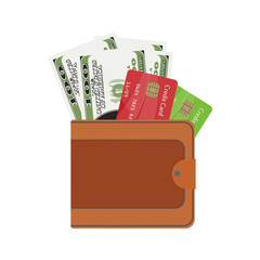 Vector illustration. Purse with money and credit cards.