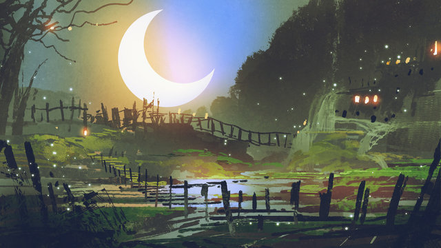 beautiful landscape of garden at night with big crescent moon, digital art style, illustration painting