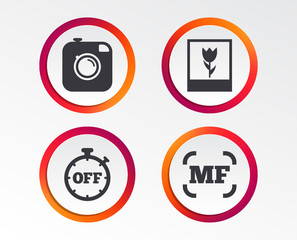 Hipster retro photo camera icon. Manual focus symbols. Stopwatch timer off sign. Macro symbol. Infographic design buttons. Circle templates. Vector