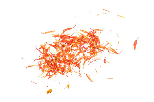Heap of saffron isolated on white background. Top view. Flat lay