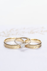 Wedding rings, close up on white background.