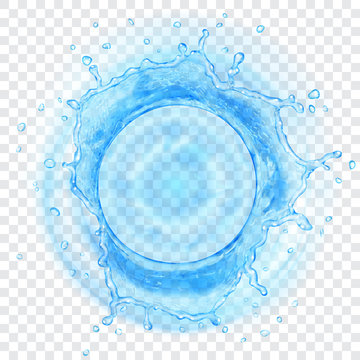 Top view of translucent water crown with drops in light blue colors, isolated on transparent background. Transparency only in vector format