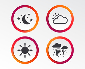 Weather icons. Moon and stars night. Cloud and sun signs. Storm or thunderstorm with lightning symbol. Infographic design buttons. Circle templates. Vector