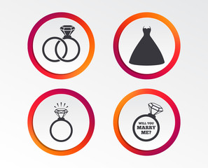 Wedding dress icon. Bride and groom rings symbol. Wedding or engagement day ring shine with diamond sign. Will you marry me? Infographic design buttons. Circle templates. Vector
