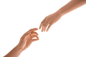 Man and woman reaching out to one another on light background. Unity concept