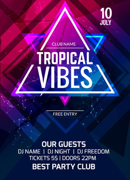 Tropical vibes party flyer poster. Music club flyer design template. DJ advertising, digital creative club intertainment