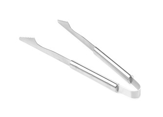 New metal barbecue tongs on white background