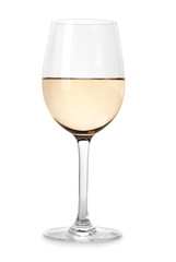 Glass of expensive wine on white background