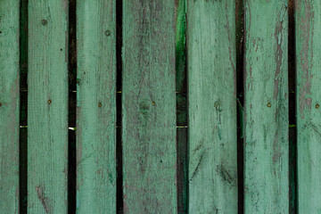 Texture of an old green fence made of wooden boards with knots and rusty nails