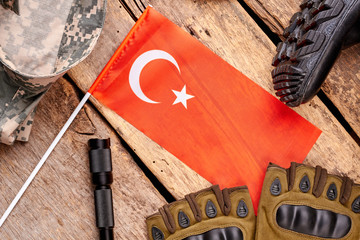 Turkey soldier items on wood flat lay. Top view, military things arrangement. Turkish flag.