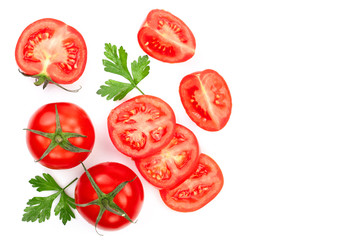Fototapeta premium tomatoes with parsley leaves with copy space for your text isolated on white background. Top view. Flat lay