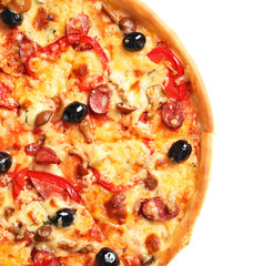 Delicious pizza with olives and sausages on white background