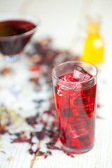 Red Hot Hibiscus tea in a glass mug