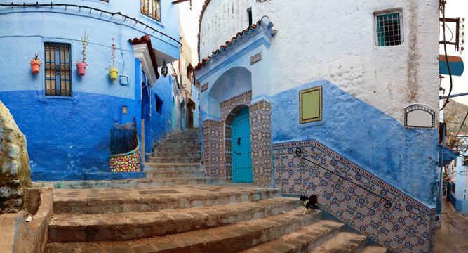 Typical streets of the beautiful Chefchaouen, one of the most touristic towns in Morocco