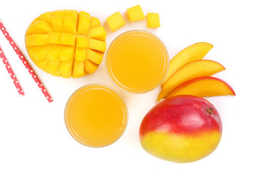 Mango juice and fruit isolated on white background close-up. Top view. Flat lay
