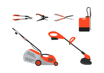 Vector illustration. Garden tools. Secateurs and lawn mowers.