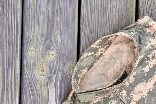 Close Up Camouflage Jacket Collar. Camo Soldier Top Wear, Cropped Image.