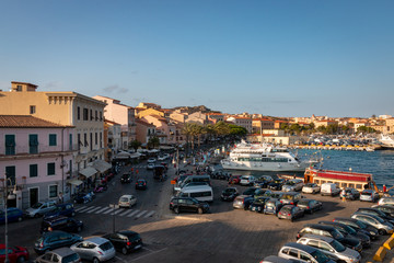 Fototapeta na wymiar Harbor and cityscape of La Maddalena, Italy