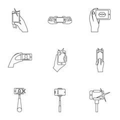 Shooting on cell phone icons set. Outline illustration of 9 shooting on cell phone vector icons for web