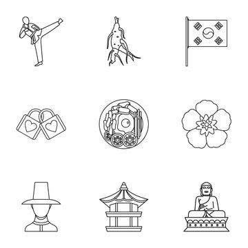 Tourism in South Korea icons set. Outline illustration of 9 tourism in South Korea vector icons for web